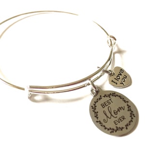 Best Mom Ever Bracelet Mother Adjustable Bangle Jewelry Silver Charm Word Family Love You Inspirational Words Heart Expandable Jewelry OOAK