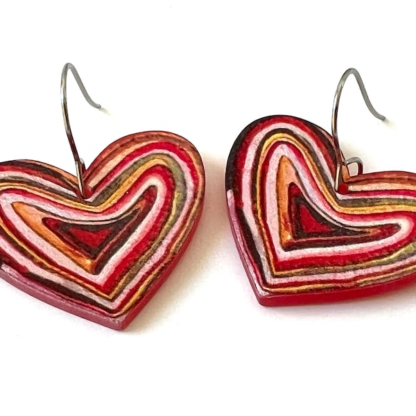 Red Heart Earrings Dangle Resin Statement Artsy Drawing Statement Jewelry Big Heart Love Valentine Unique Colorful Drop Earring jewelry