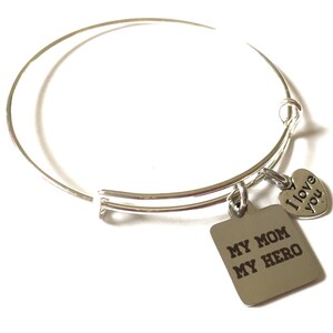 My Mom My Hero Bangle Bracelet: Silver Heart Charm, Adjustable Jewelry