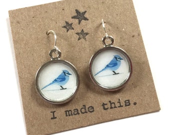 Blue Jay Earrings Dangle Drop Earring Recycled Material Upcycled Paper Blue Bird Christmas Silver Nature Bird Lover Repurposed Jewelry