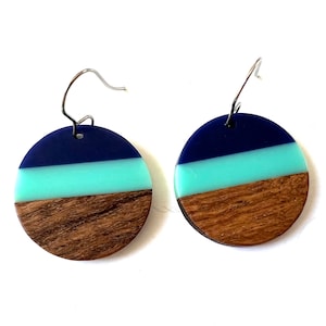 Wood Resin Earrings Dangle Blue Turquoise Statement Jewelry Wood Block Color Earrings Unique Minimalist Circle Drop Earring Colorful jewelry