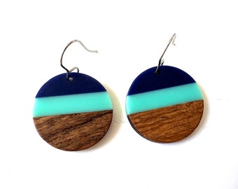 Wood Resin Earrings Dangle Blue Turquoise Statement Jewelry Wood Block Color Earrings Unique Minimalist Circle Drop Earring Colorful jewelry