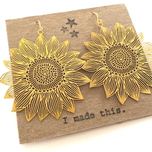 Gold Sunflower Earrings Dangle Bohemian Large Metal Brass Filigree Statement Shape Lightweight Garden Flower Charm Statement Art Jewelry image 1