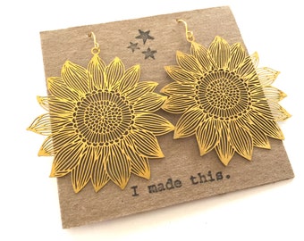 Gold Sunflower Earrings Dangle Bohemian Large Metal Brass Filigree Statement Shape Lightweight Garden Flower Charm Statement Art Jewelry