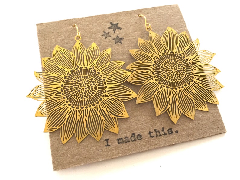 Gold Sunflower Earrings Dangle Bohemian Large Metal Brass Filigree Statement Shape Lightweight Garden Flower Charm Statement Art Jewelry image 1