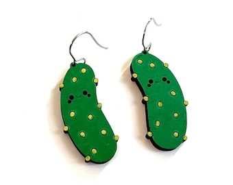 Pickle Dangle earrings fun hand painted wood Statement lightweight green laser dill pickles earrings