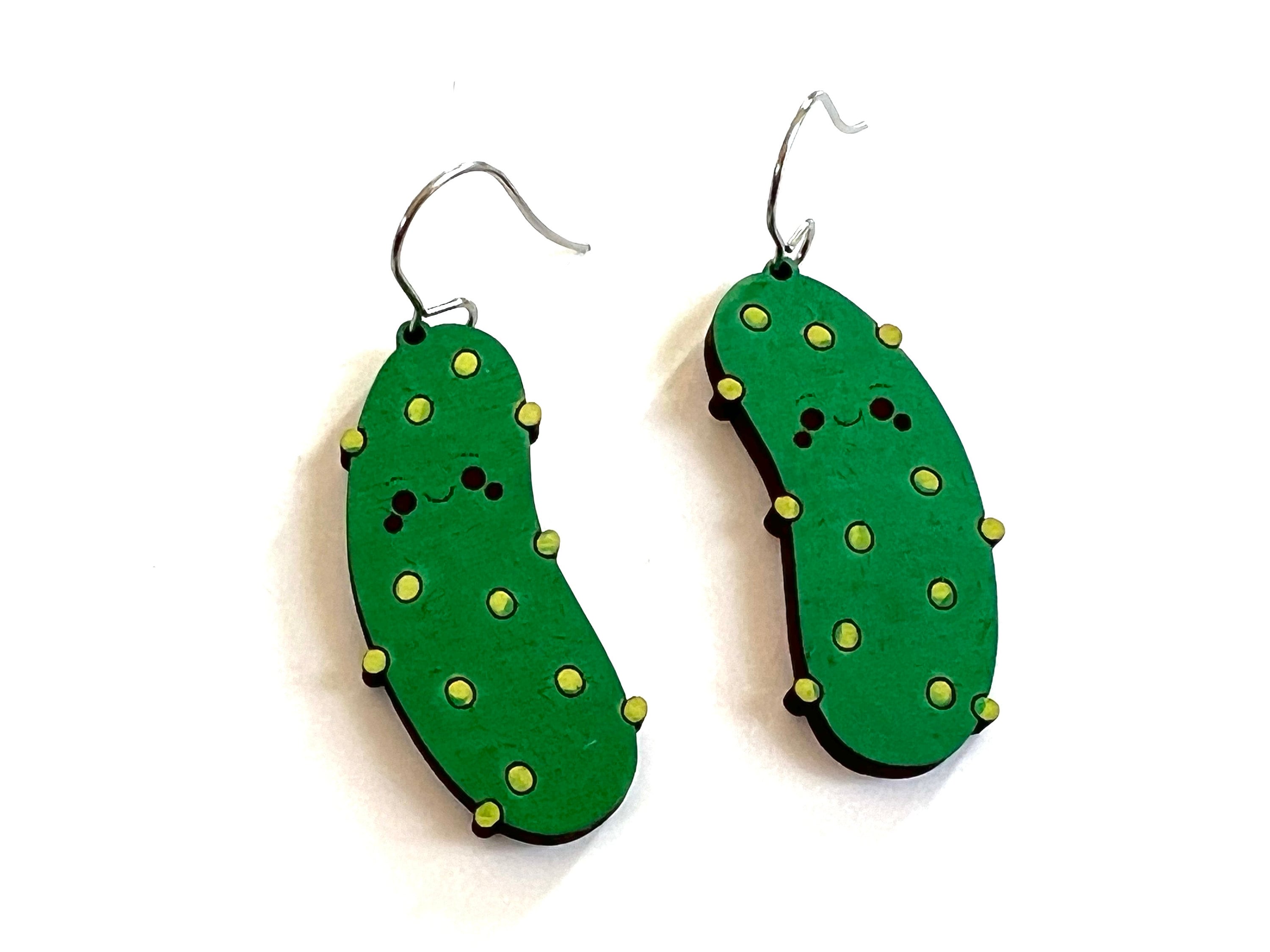 Pickle Dangle earrings fun hand painted wood Statement lightweight green laser dill pickles earrings