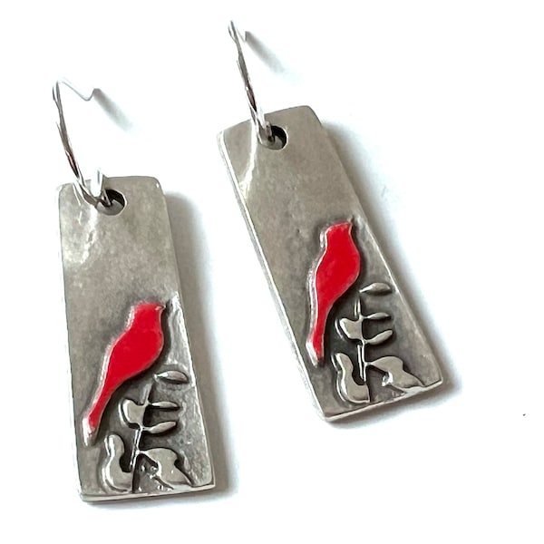 Red Cardinal Earrings Dangle Silver Bird Drop Wire Garden Nature Brass Dangly Charm Statement Jewelry