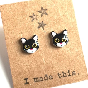 Tuxedo Cat Post Earrings Shrinky Dink Resin Studs Posts Black and White Kitty Cat Lover Cat Face OOAK Jewelry