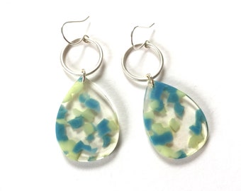 Confetti Resin Earrings Dangle Silver Hoop Statement Transparent Teardrop Turquoise Green Unique Circle Drop Earring Colorful jewelry