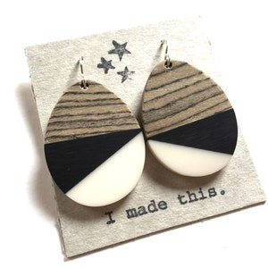 Wood Resin Dangle Earrings: Black Stripe Sterling Silver Jewelry