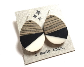 Wood Resin Earrings Dangle Black Stripe Statement Jewelry Wooden Block Color Earrings Unique Minimalist Circle Drop Earring Colorful jewelry