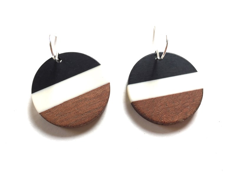 Wood Resin Earrings Dangle Black Stripe Statement Jewelry Wooden Block Color Earrings Unique Minimalist Circle Drop Earring Colorful jewelry