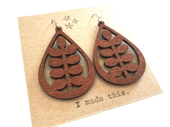 Teardrop Wood Earrings: Laser Cut Leaf Dangle Earrings - Etsy