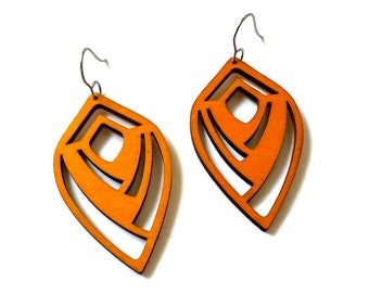 Wood earrings dangle yellow orange Statement jewelry lightweight bright color laser cut teardrop geometric wood drop earrings