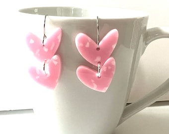 Pink Confetti Heart Dangle Earrings Resin cascading double Hearts Statement Jewelry Party Modern Resin Valentine