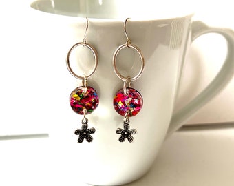 Flower Sparkle Dangle Earrings Confetti Resin Silver Glitter Tiered Statement Jewelry Party Modern Resin Wood Flower Jewelry