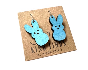 Peeps Bunny Earrings Dangle Rabbit Hand Painted Wood Easter Bunnies Lightweight OOAK Jewelry