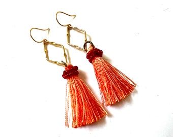 Orange Tassel Earrings Fuchsia Gold Dangle Diamond Hoops Lightweight Drop Earrings Threads Colorful Statement Jewelry Bold Colors Artist