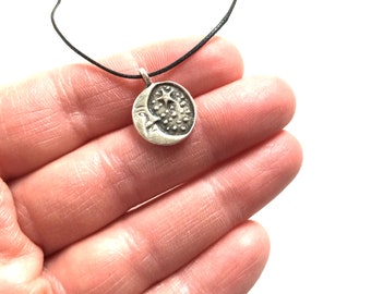 Small Silver Moon Necklace Rustic Pendant Circle Celestial Stars Crescent Moon Face Unisex Night Necklace Jewelry