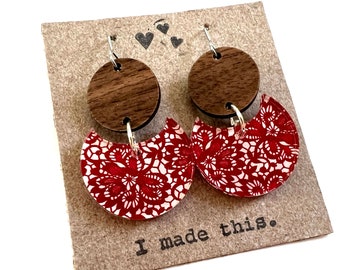 Red Lace Wood Resin Earrings Dangle Modern Statement Jewelry Earrings Unique Minimalist Circle Mixed Media Drop Earring Colorful jewelry