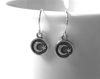 Tiny Crescent Moon Earrings Dangle Silver Drop Circle Small Moon Charms Wire Hook Celestial Dangle Star Charm Handmade Modern Jewelry