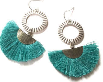 Fan Tassel Earrings Dangle Silver Hoops Turquoise Lightweight Drop Green Threads Colorful Statement Jewelry Bold Colors Artist