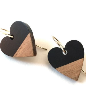 Wood Resin Heart Earrings: Black Boho Dangle Earrings