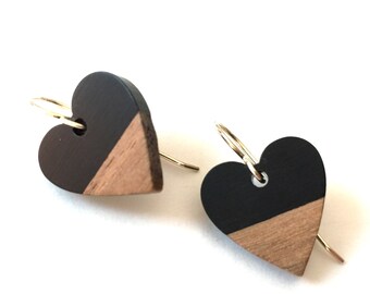 Wood Resin Earrings Dangle Heart Black Boho Statement Jewelry Wooden Block Color Earrings Unique Minimalist Earring Colorful