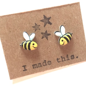Bumblebee Stud Earrings: Shrinky Dink Resin, Sterling Silver Posts