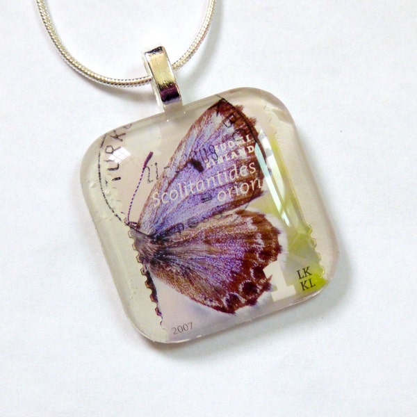 OOAK Finland Purple Butterfly Postage Stamp Glass Tile Pendant Necklace Bug Postal Art Recycled Material Upcycled Repurposed Paper Jewelry
