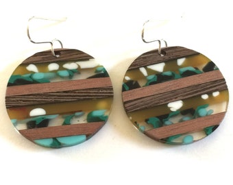 Wood Resin Earrings Dangle Earth Colors Stripe Confetti Statement Jewelry Wooden Block Color Earrings Unique Circle Drop Earring jewelry