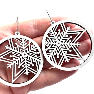 Snowflake earrings wood hoop dangle white wood winter snow Statement jewelry lightweight laser cut wooden hoops Holiday Christmas earrings