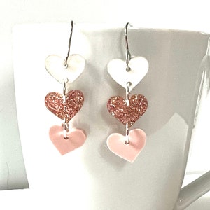 Pink Sparkle Heart Dangle Earrings Confetti Resin Clear Mirror Hearts Glitter Statement Jewelry Party Modern Resin Valentine image 1