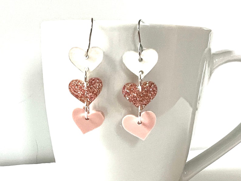 Pink Sparkle Heart Dangle Earrings Confetti Resin Clear Mirror Hearts Glitter Statement Jewelry Party Modern Resin Valentine image 1