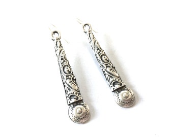 Victorian Dangle Earrings Long Drop Antique Style Design Wire Hook Statement Dangle Filigree Handmade Floral Funky Jewelry