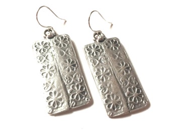 Flower Rectangle Silver Earrings Dangle Rustic Tibetan Style Image Wire Hook Statement Dangle Pressed Texture Charm Handmade Jewelry