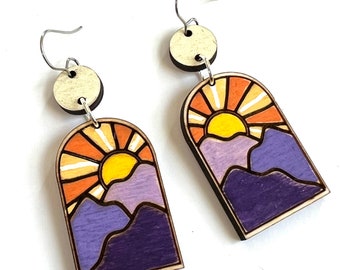 Mountain Earrings Dangle Wood Purple Mountain Range Colorful Landscape Sunrise Sunset Outdoors Lightweight Statement Hand Painted  Dangle