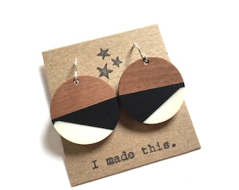 Wood Resin Earrings Dangle Black Stripe Statement Jewelry Wooden Block Color Earrings Unique Minimalist Circle Drop Earring Colorful jewelry