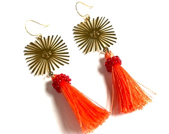 Gold Sun Earrings Orangle Tassel Dangle Lightweight Drop Earrings Threads Colorful Statement Jewelry Bold Colors Lightweight Earring Artist