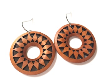 Wood hoop earrings dangle brown mandala geometric circle Statement jewelry lightweight laser cut mandala filigree wood drop earrings