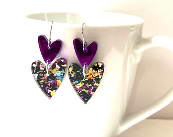 Purple Sparkle Heart Dangle Earrings Multi Color Confetti Resin Mirror Hearts Glitter Statement Jewelry Party Modern Resin Valentine