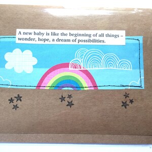 Novo cartão de felicitações para bebês, chá de bebê, arco-íris, estrelas, nuvens, unissex, nota em branco, material de papelaria, material reciclado, costura, cartão reciclado
