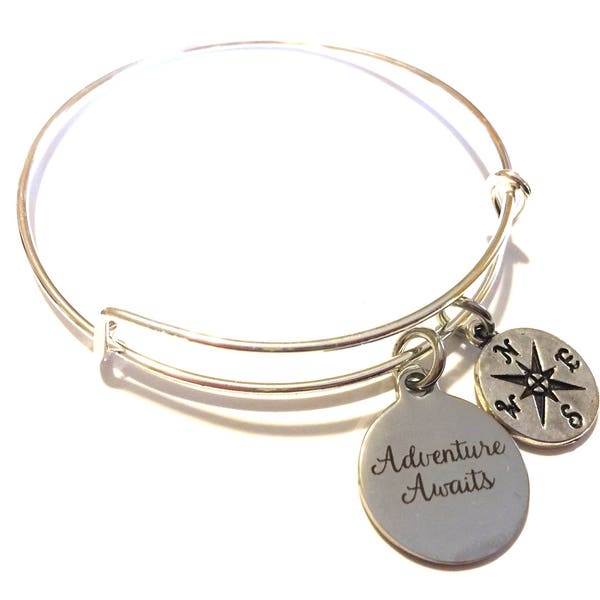 Adventure Awaits Bracelet Compass Adjustable Bangle Silver Charm Word Graduation Mantra Journey Travel North South Expandable Jewelry