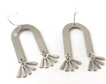 Silver U Earrings Statement Dangle Drop Kinetic Modern Style Wire Hook Statement Dangle Large Open Charm Handmade Funky Jewelry