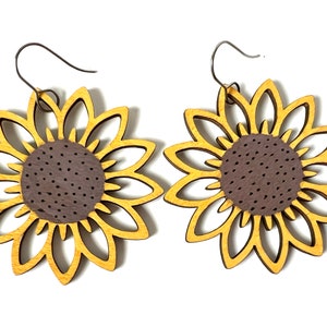 Laser Cut Sunflower Earrings: Hand Painted Wood Filigree, Statement Jewelry