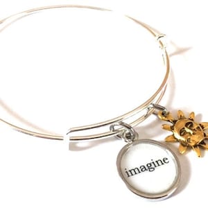 Immagina Bracciale Sole Regolabile Bangle Gioielli Argento Sole Charm Parola Ispirazione Positivo Mantra Parole Gioielli Espandibili OOAK