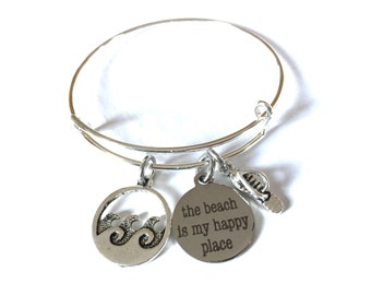 The Beach Is My Happy Place Bracelet Bangle Jewelry Adjustable Silver Flipflop Ocean Water Charm Word Words Heart Expandable Jewelry OOAK