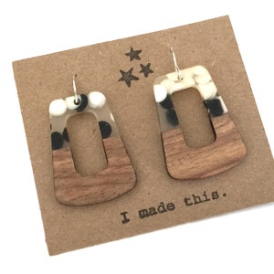 Wood Resin Dangle Earrings: Geometric Sterling Silver Statement Jewelry