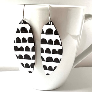 Geometric Black and White Wood Earrings: Laser Cut Dangle Jewelry